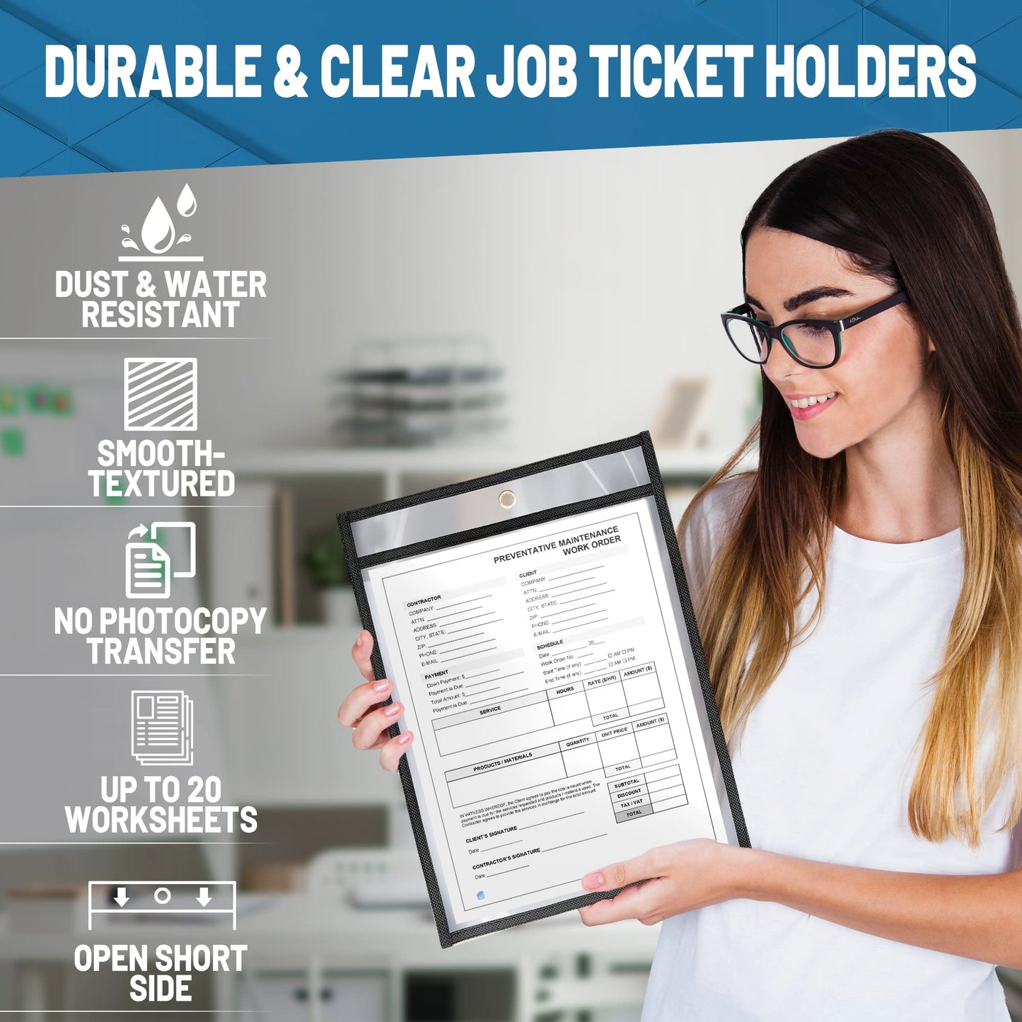 10 Pack Job Ticket Holders 8.5x11 - Work Order Plastic Sleeves for Documents - 8 1/2 x 11 Shop Ticket Holders - Dry Erase Pocket Sleeves - Dry Erase Pockets - Dry Erase Sleeve - Clear Pocket Sleeve