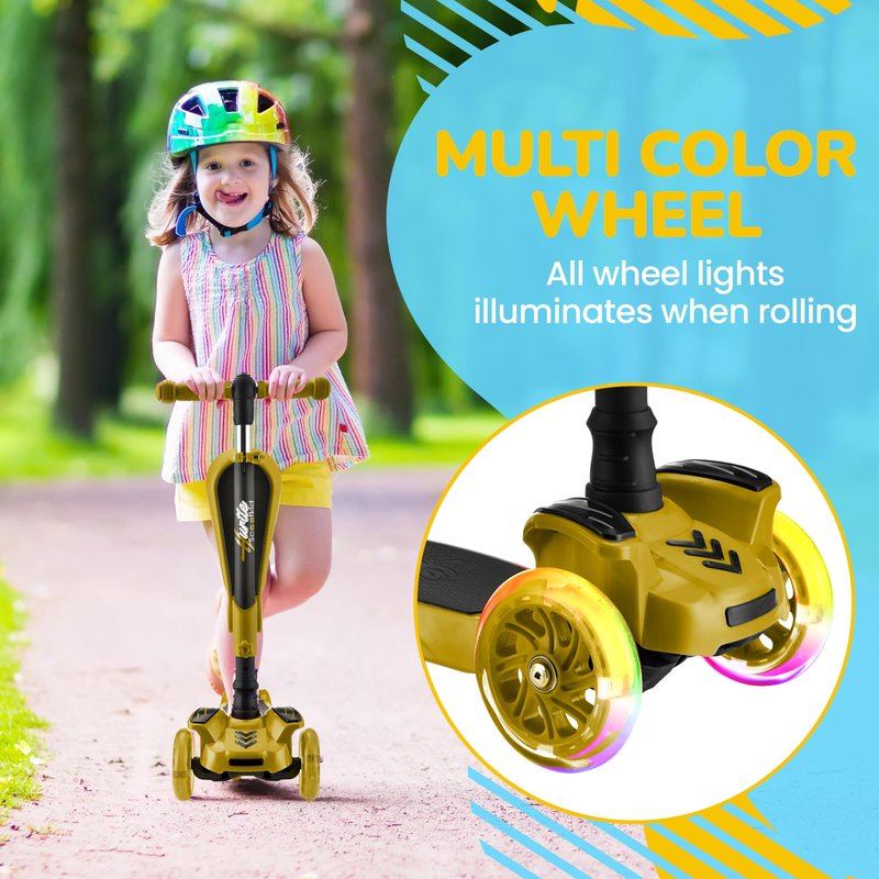 Hurtle 3 Wheeled Scooter for Kids - 2-in-1 Sit/Stand Child Toddlers Toy Kick Scooters w/ Flip-out Seat, Adjustable Height, Flashing Wheel Lights, Great for Indoor/Outdoor Fun, Yellow