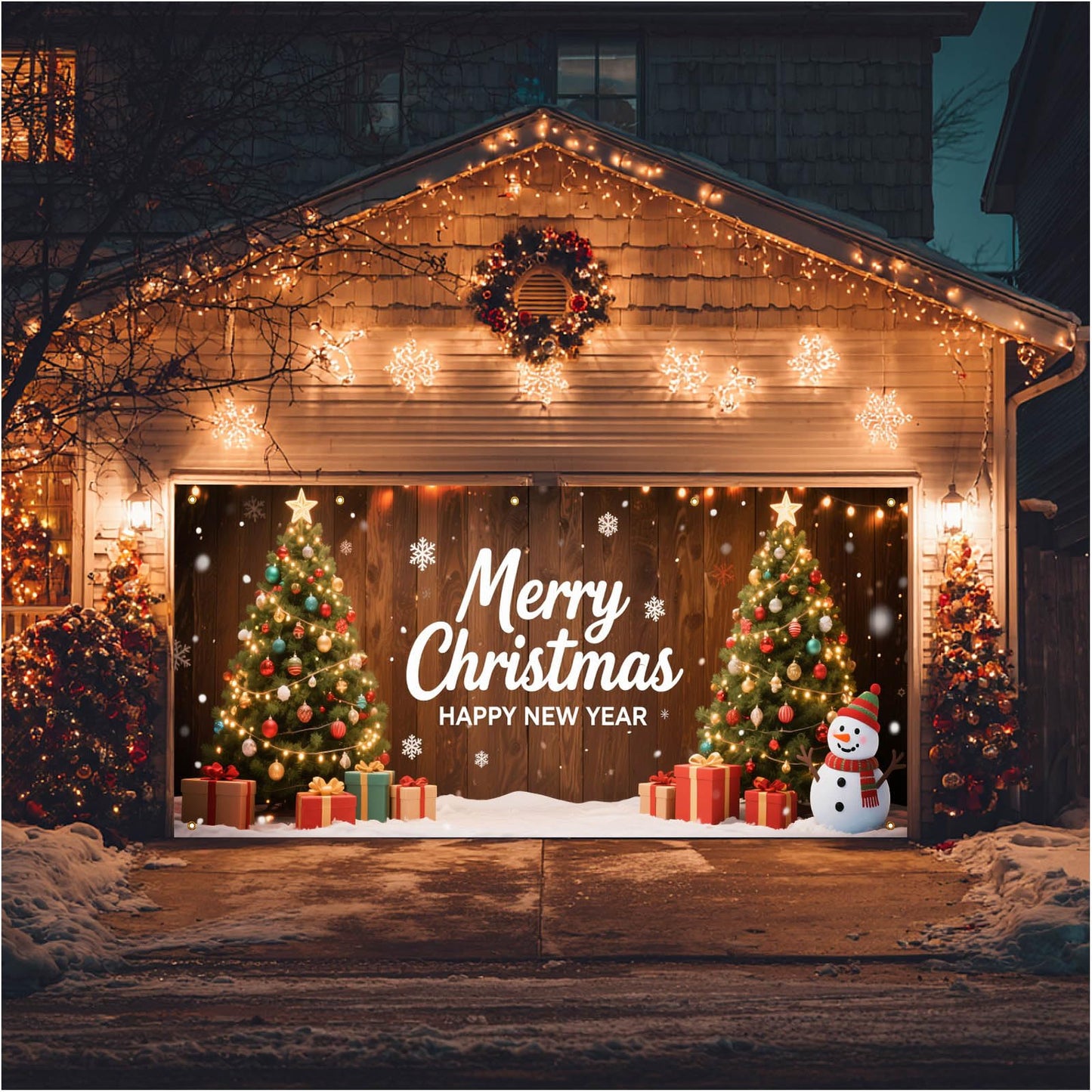 HOMETITUTE Christmas Garage Door Banner 13x6ft Merry Christmas Happy New Year Green Trees Snowman Gift Boxes Holiday Outdoor Indoor Decor Seasonal Party Backdrop