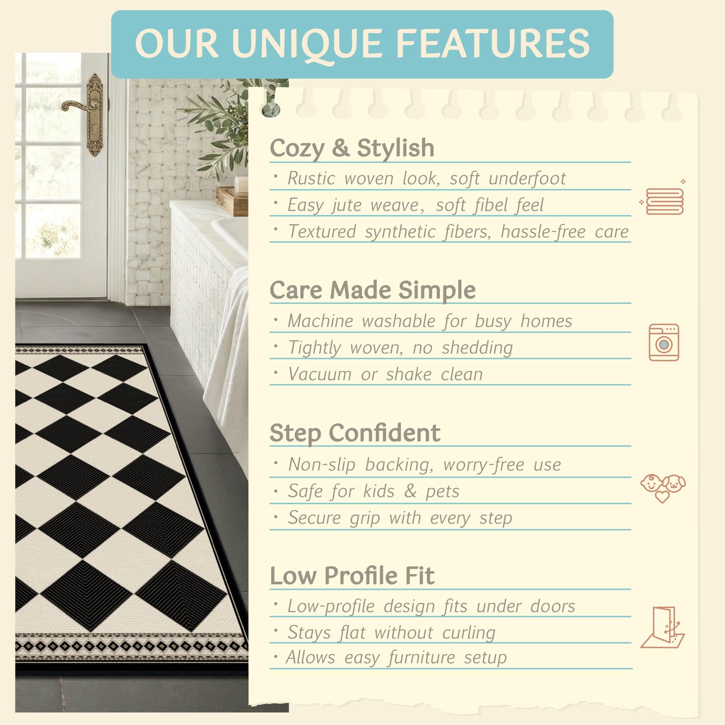Black and White Diamond Outdoor Easy Jute Front Porch Rug 3x5, Washable Non-Slip Checkered Entryway Rug, Modern Farmhouse Boho Low Pile Indoor Carpet for Living Room, Kitchen, Mudroom, Laundry Room