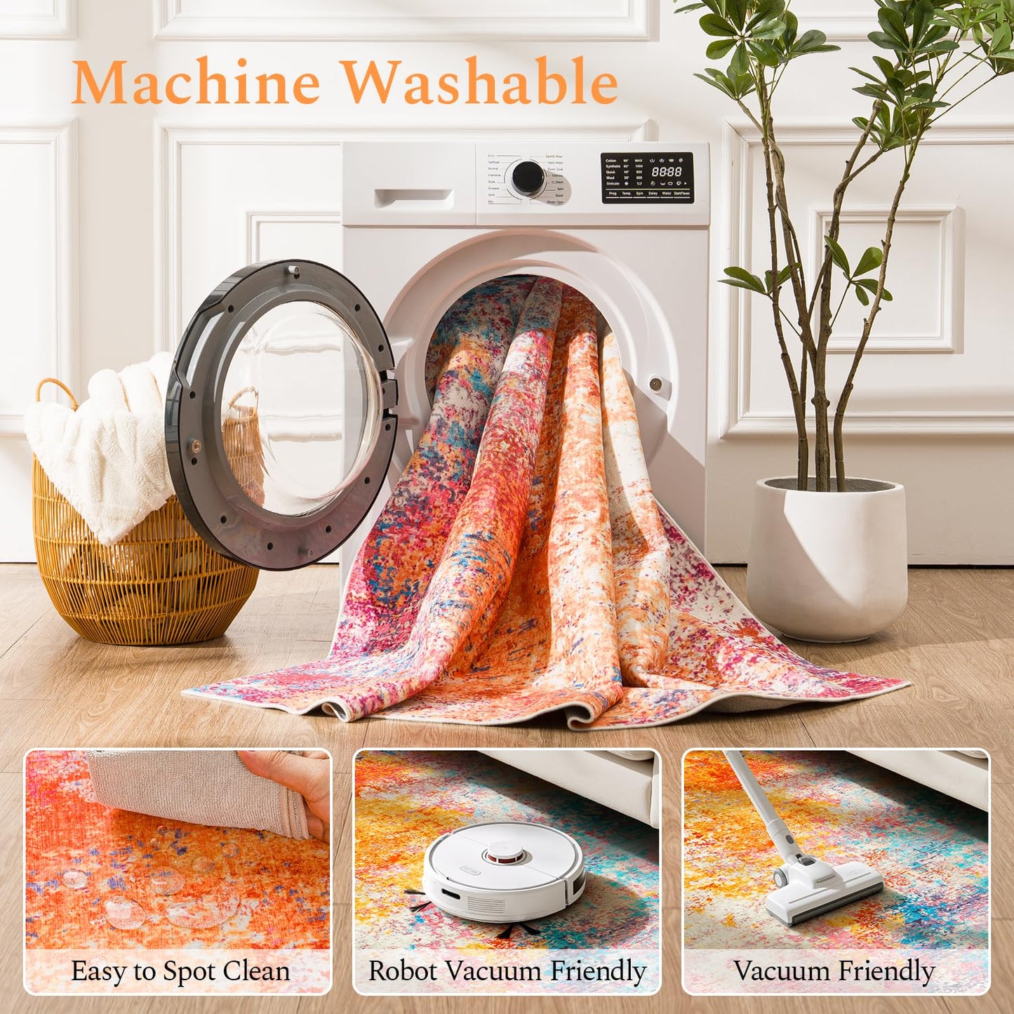 Rugflix 8x10 Area Rugs for Living Room, Colorful Rainbow Washable Rug Stain-Resistant Low Pile, Modern Large Carpet for Bedroom Dining Room Home Office Kids Room Nursery