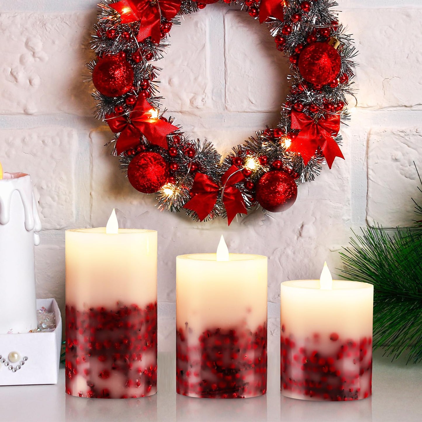 Baquler 3 Pcs Christmas Flameless LED Candles Rowan Berries Embedded Real Wax Unscented Flicker Wick Pillar Candle Battery Operated Warm Light for Home Party Xmas Gift Decoration
