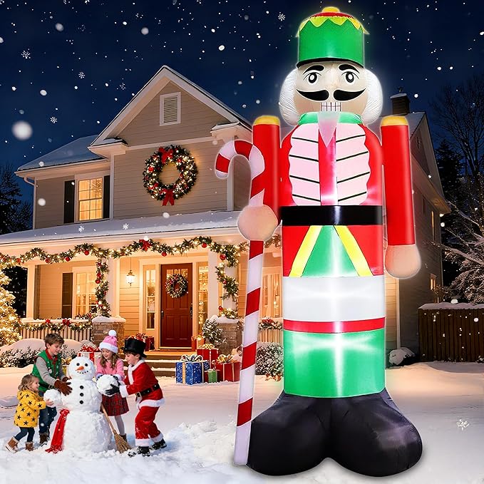 TURNMEON 14FT Giant Christmas Inflatables Nutcracker Soldier Outdoor Decorations Hold Candy Cane Inflatable Nutcracker Christmas Decorations Built-in LED Lights Blow Up Xmas Decor Outside Yard Lawn