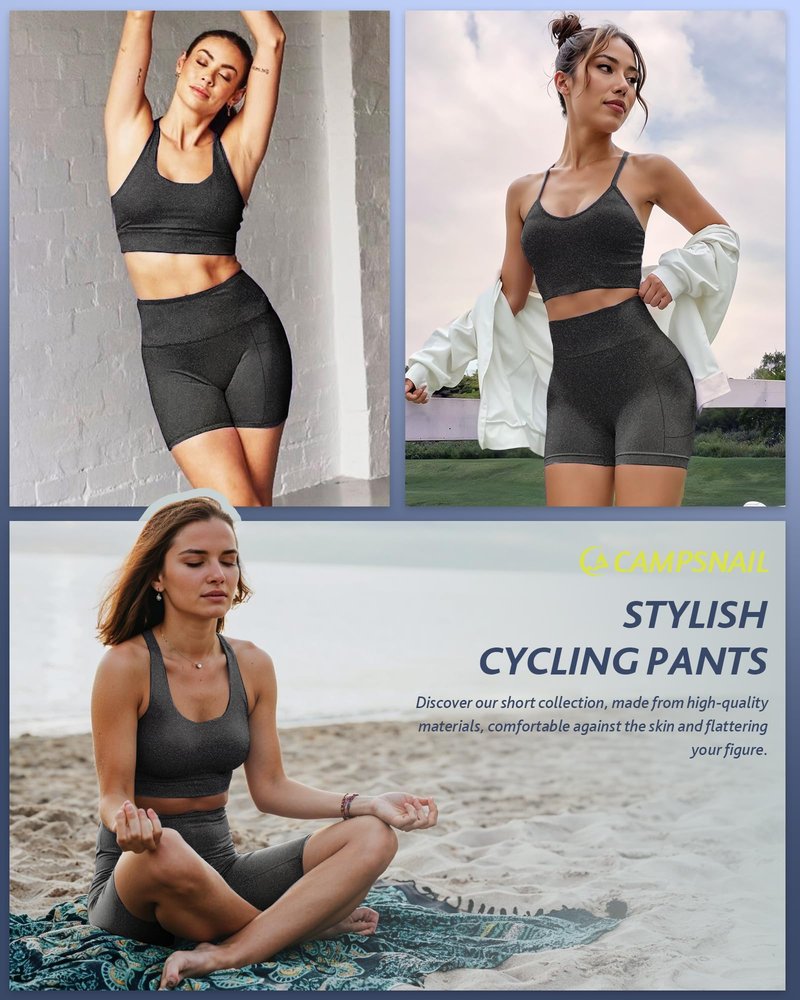 CAMPSNAIL Biker Shorts Women with Pockets - 3"/5"/8" High Waisted Workout Spandex Tummy Control Gym Running Yoga Shorts Dark Grey-Heather