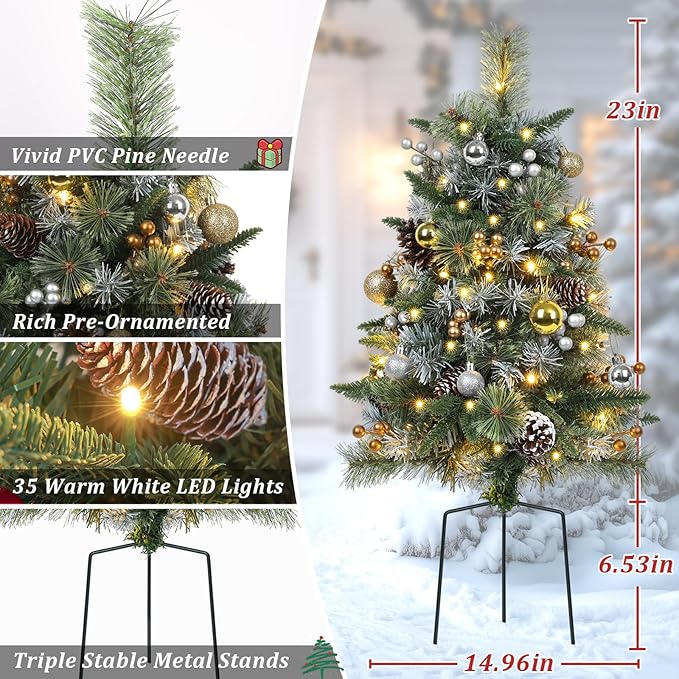 Set of 2 Outdoor Pathway Christmas Trees, 30” Battery Operated Pre-Lit Frosted Xmas Tree with 35 LED Lights, 8 Flash Modes, Holiday Décor for Porch, Yard with Berries/Pine Cones/Balls