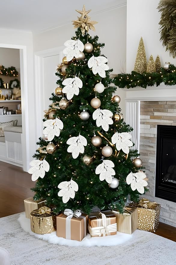 Briful 3PCS White Fur Christmas Picks and Sprays - 21.2" Plush Christmas Leaves Stems with Glitter Sequins for Xmas Tree Wreath Garland Holiday Floral Decor
