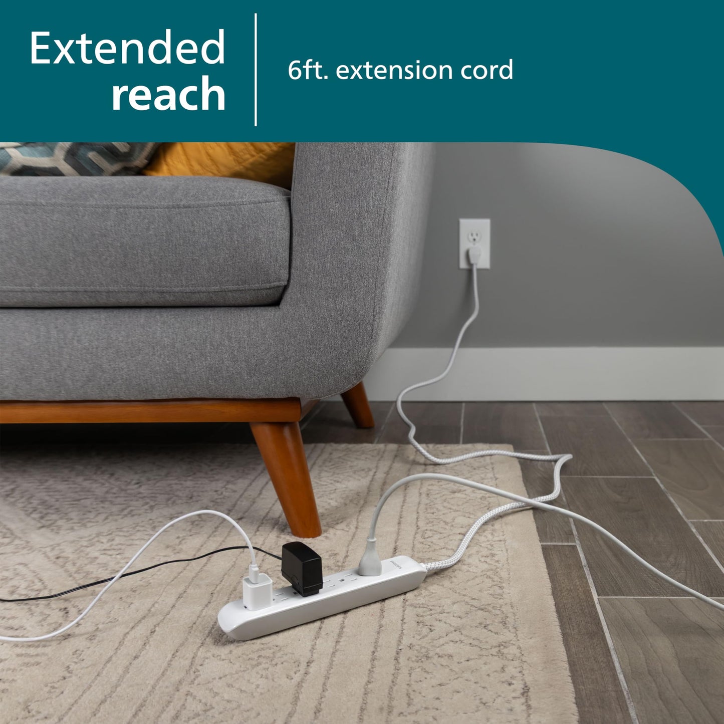 Philips 6 Outlet Power Strip Surge Protector, 6 Ft Power Cord, Designer Braided Extension Cord, Flat Plug, Perfect for Office or Home Décor, 1080 Joules, White, SPC3054WA/37