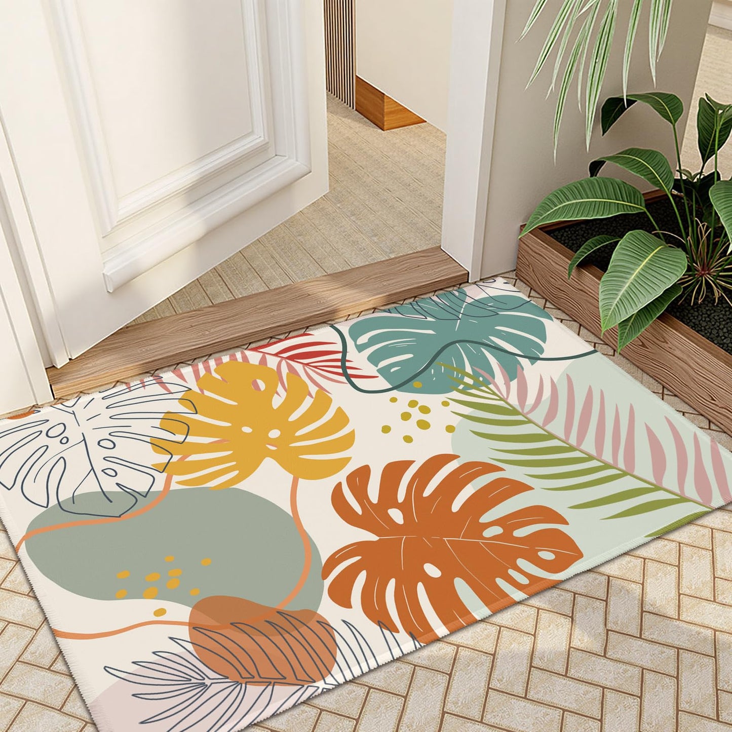 Wualmondor Abstract Tropical Rugs 2x3 Feet Colorful Monstera Palm Leaves Entryway Rug Boho Modern Art Non Slip Low Pile Throw Rug Doormat Carpet for Entrance Kitchen Bathroom