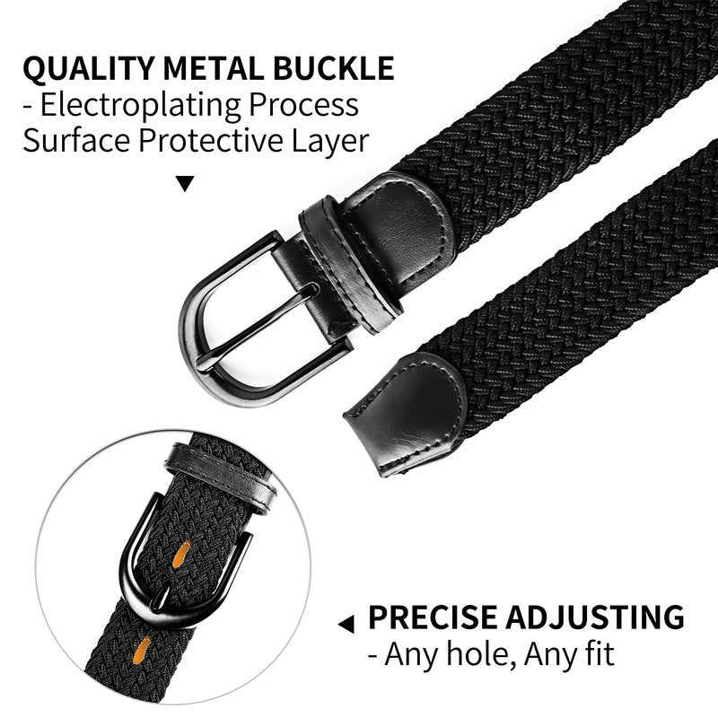 Mile High Life | Braided Stretch Elastic Belts | Pin Oval Solid Black Belt Buckle | PU Loop End Tip Men/Women/Junior Belt