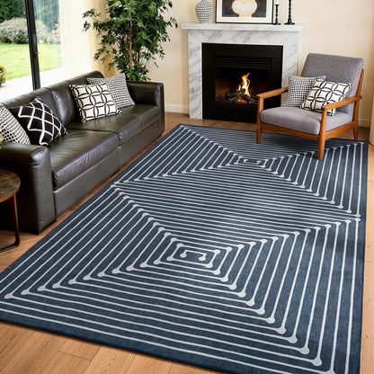 YIHOUSE Washable 5x7 Area Rugs for Living Room, Navy Blue Striped Rug for Bedroom Playroom Non Slip Low Pile, Soft Modern Geometric Carpet for Entryway Home Office Decor