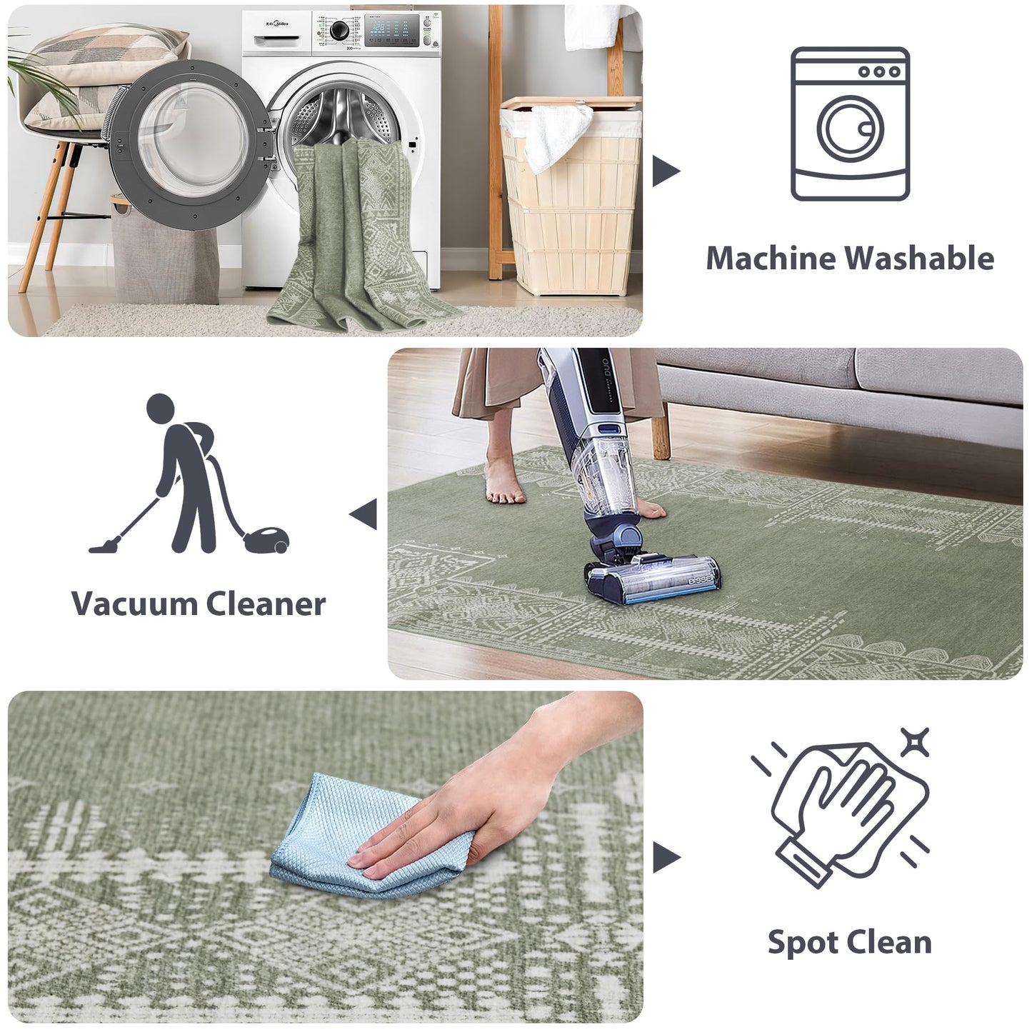 NICETOWN Washable 5x8 Green Area Rugs for Living Room, Ultra-Thin 5x8 Washable Christmas Rugs for Bedroom, Non-Slip Soft Large Bedroom Carpet Non Shedding for Dining Room Office, Sage Green