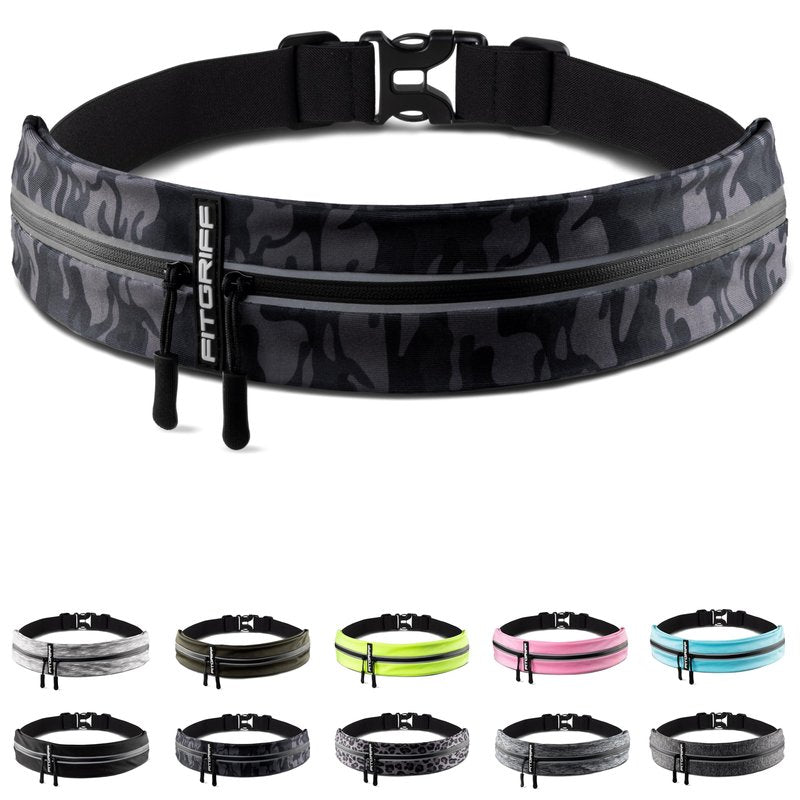 Fitgriff® Running Belt for Men & Women - Secure Jogging Pouch for Phone, Keys & Essentials - For All Cell Phones (Camo-Black, 33.5" - 47.5" Waist Size)