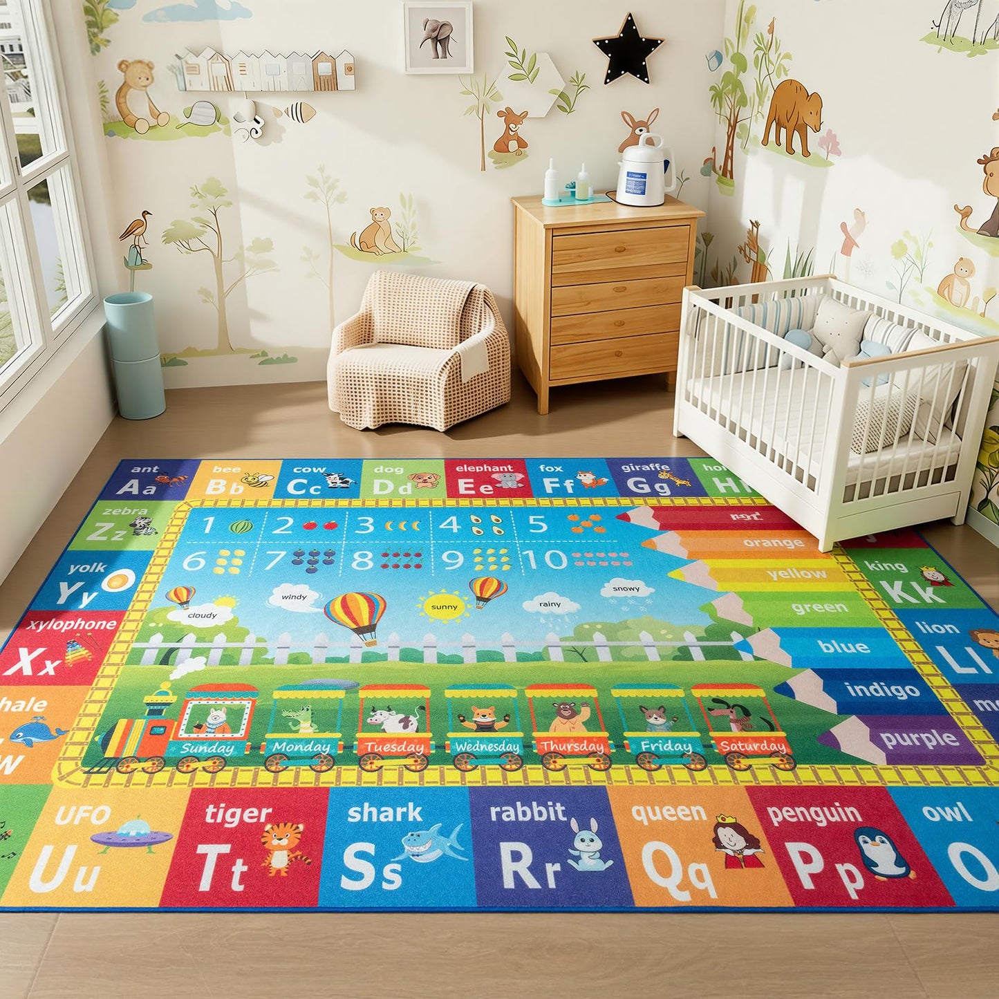 ST. BRIDGE Educational Kids Area Rug 6x9 Feet, Non Slip Play Mat Learning with ABC Alphabet, Numbers & Animals for Preschool Toddler, Soft Washable Carpet for Playroom Nursery Classroom Bedroom