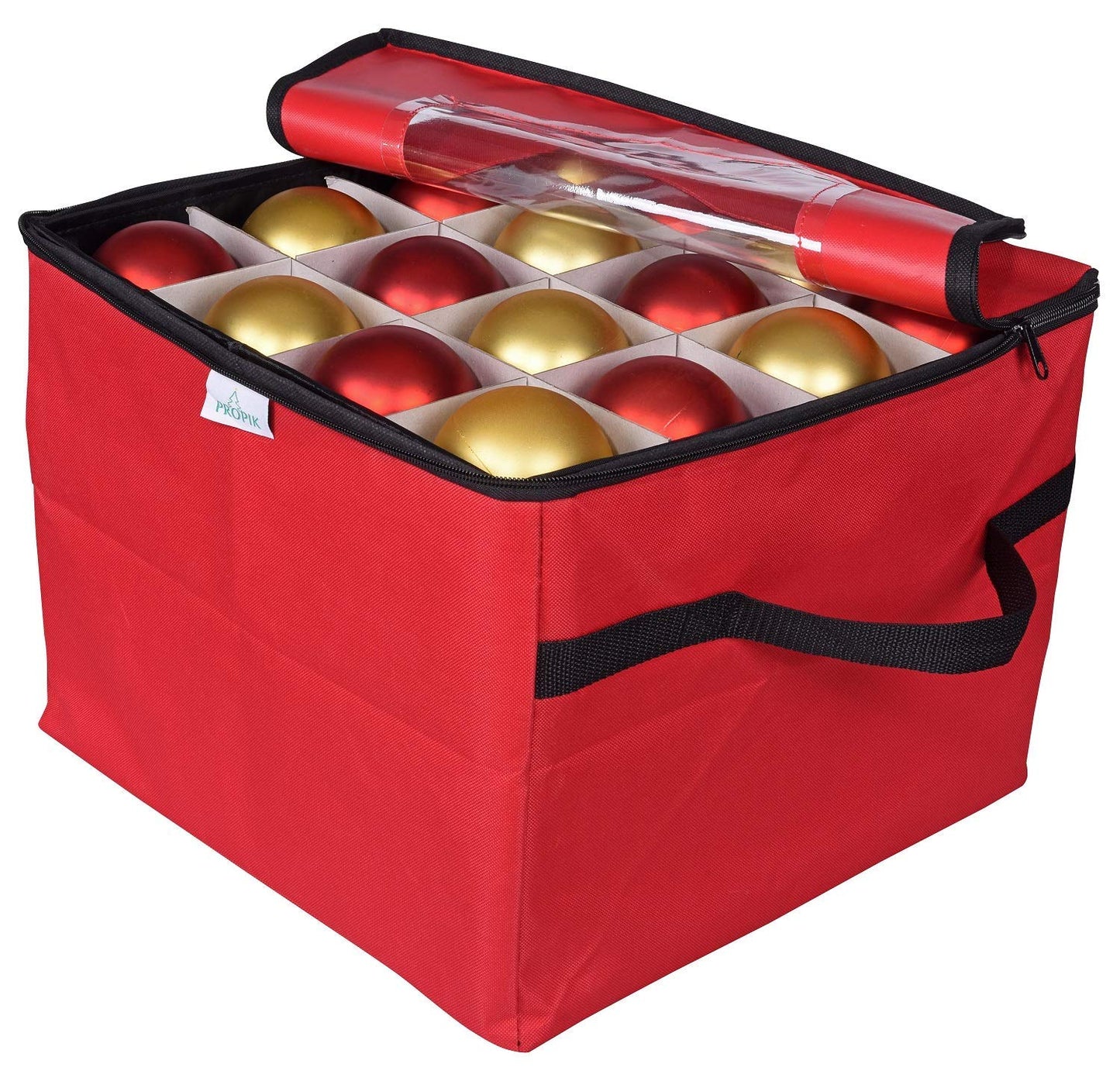 ProPik Christmas Ornament Storage Box, Organizer Holds Up to 48 Xmas Balls with 3 Separate Removable Trays, Container has Dividers to Organize Holiday Tree Ornaments (Red)