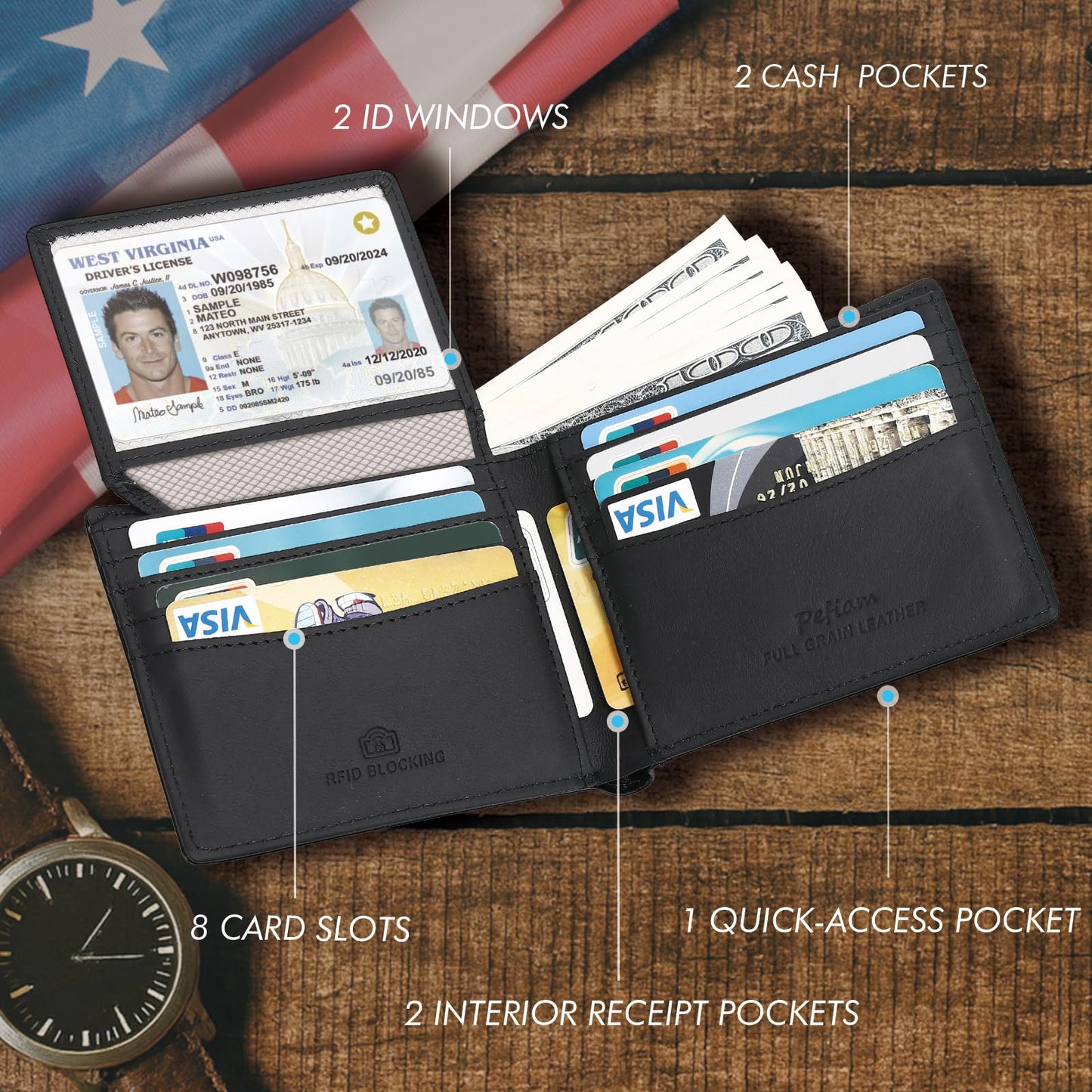 Pefiam Full Grain Leather Wallet for Men, RFID Blocking, Bifold with 2 ID Windows, 13 Card Slots, American Flag Wallet Black