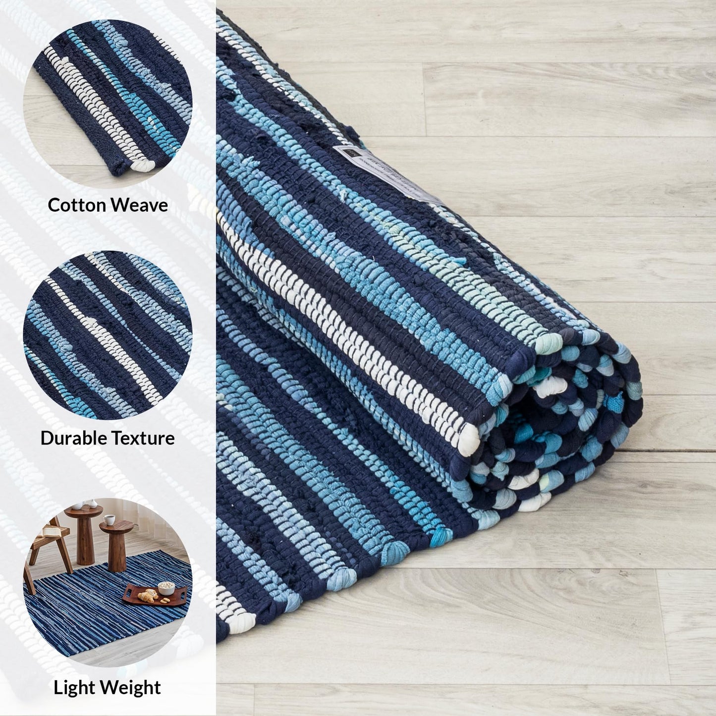 HOMEMONDE Navy Rag Rug 20"x32" Recycled Soft Cotton Chindi Rugs Hand Crafted Reversible Boho Home Decor for Entyrway, Doormat, Kitchen, Bedroom, Living Room