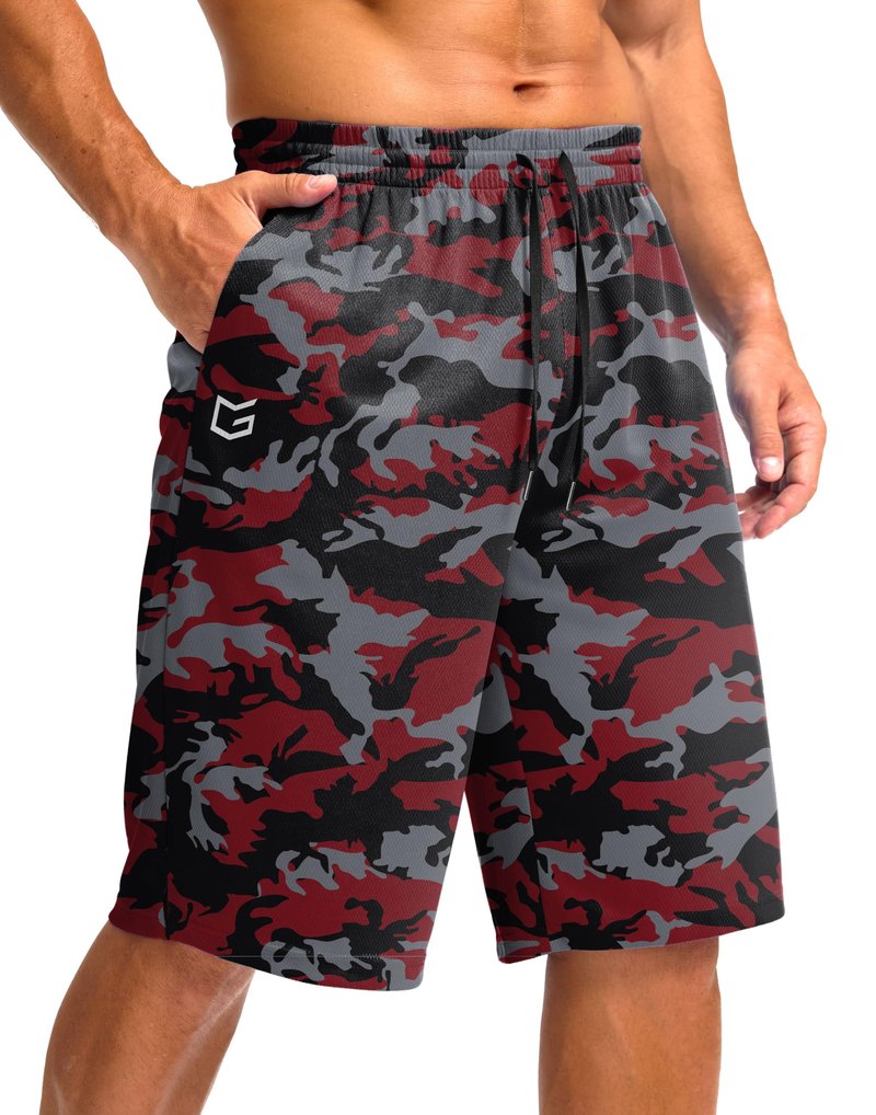 G Gradual Men's Athletic Shorts with Pockets 9" / 11" Long Basketball Shorts Lightweight Quick Dry Gym Workout Shorts for Men(Red Camo,XL)