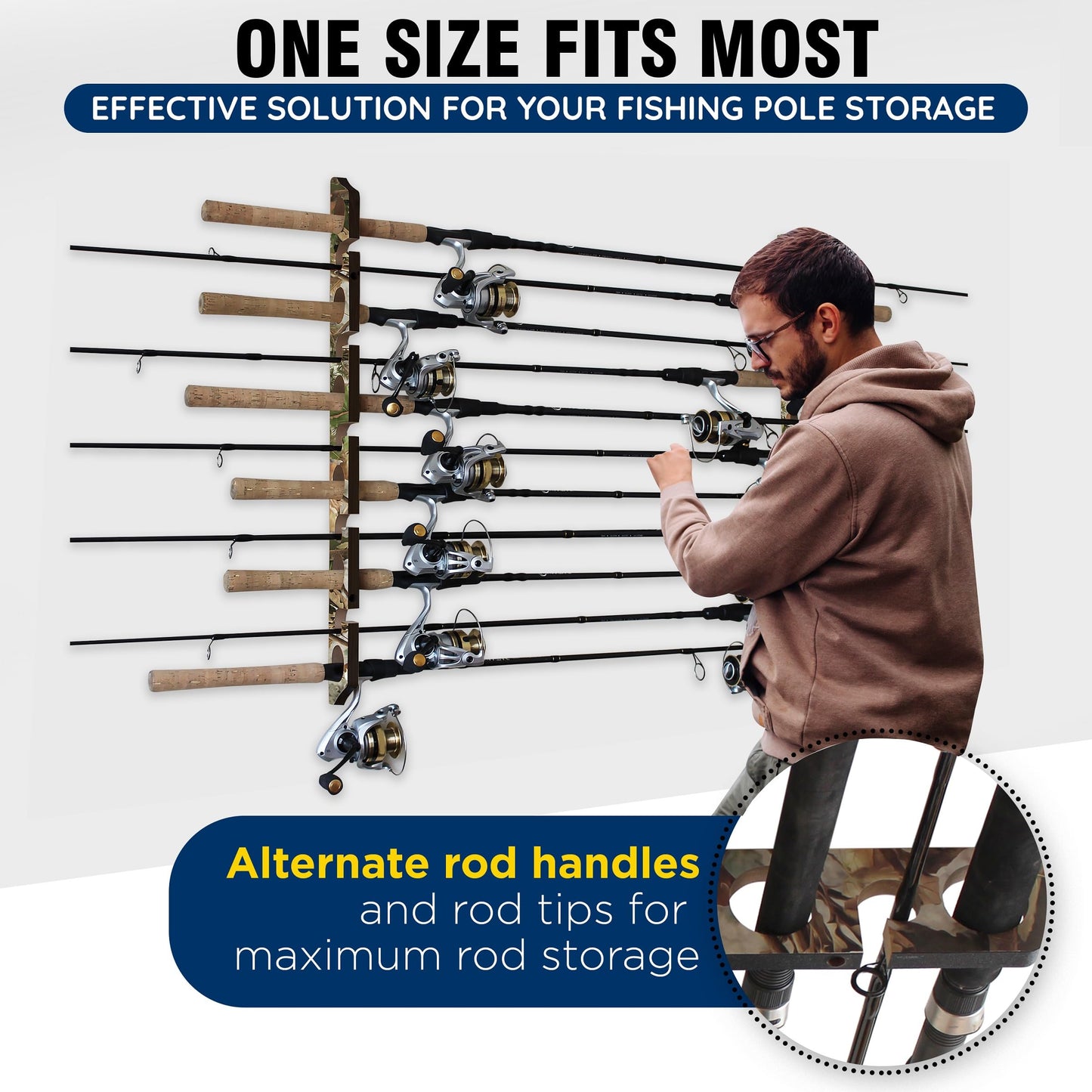 Rush Creek Creations 11 Rod Fishing Pole Holder - Wall Mount Vertical Rack for Garage Organization, Engineered Wood Camouflage Fishing Rod Storage Organizer 27" L x 2.75" W x .65" H