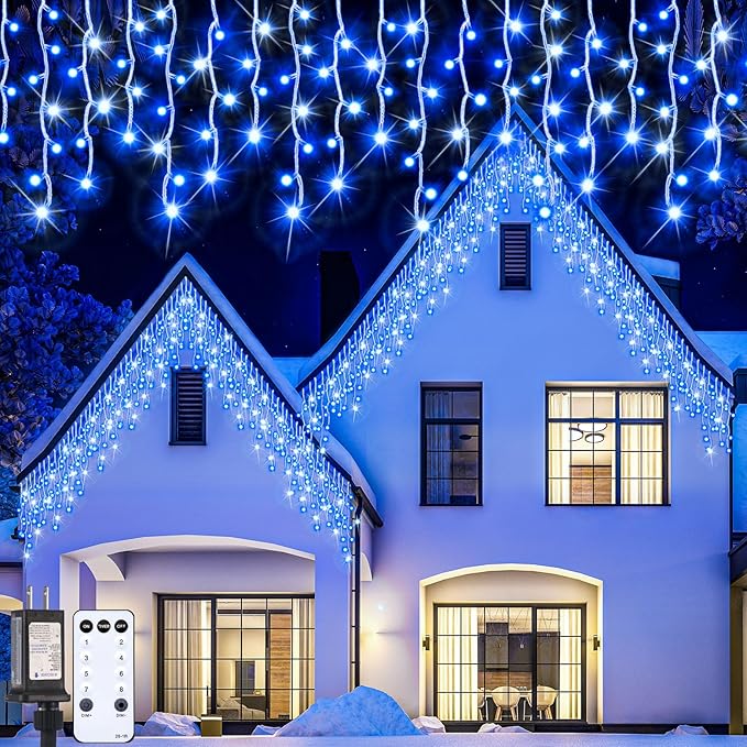 66 Ft 640 LED Christmas Icicle Lights Extra Long 8 Modes Waterproof Icicle String Light with 120 Drops, Fairy Hanging Lights Decor with Remote for Xmas Wedding Indoor Outdoor Blue