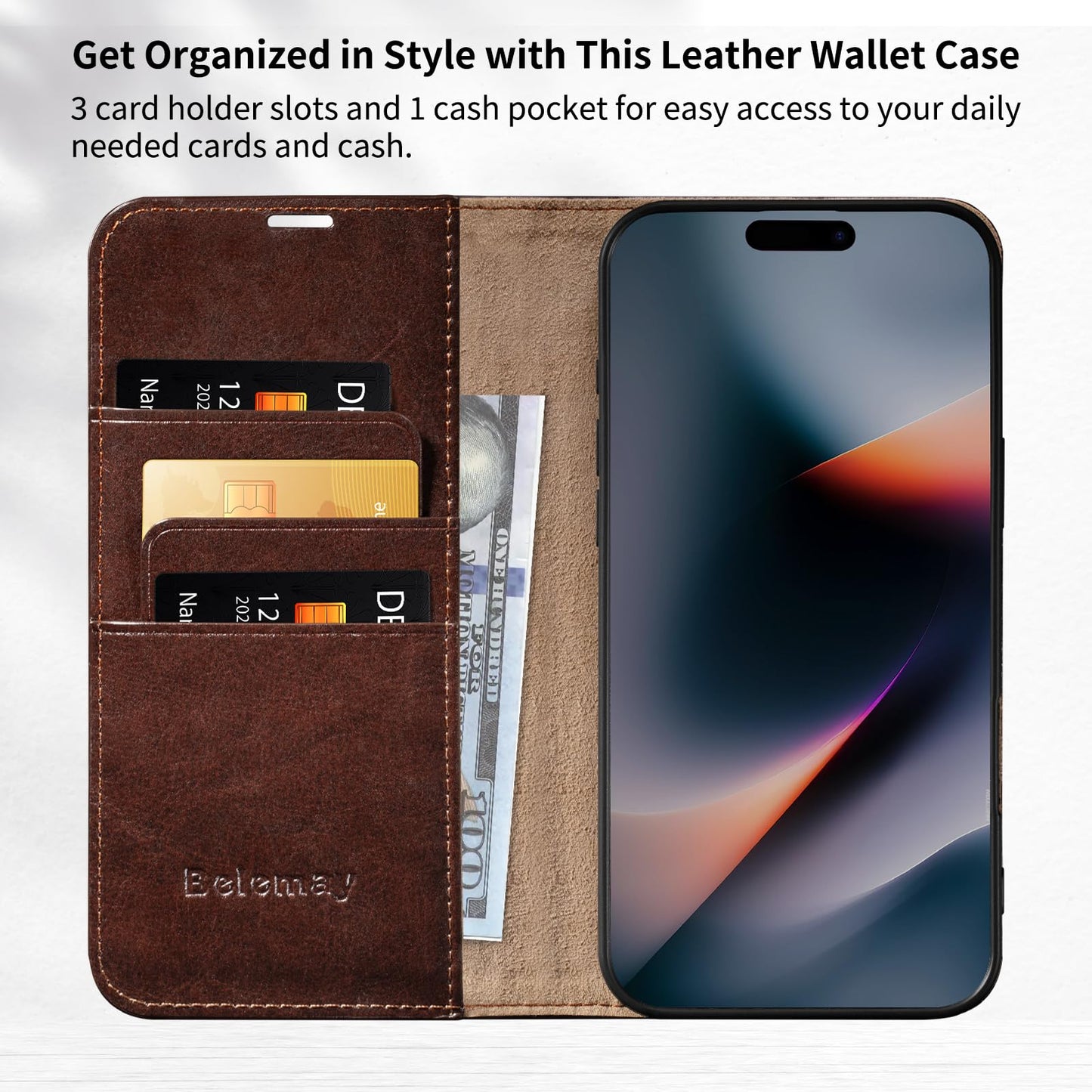 Belemay Leather Wallet Case Compatible with iPhone 17 Pro Max, Premium Cowhide Leather Two-Tone Effect, RFID Blocking Card Holders, Shockproof TPU Shell, Kickstand, Protective Flip Cover, 6.9", Brown