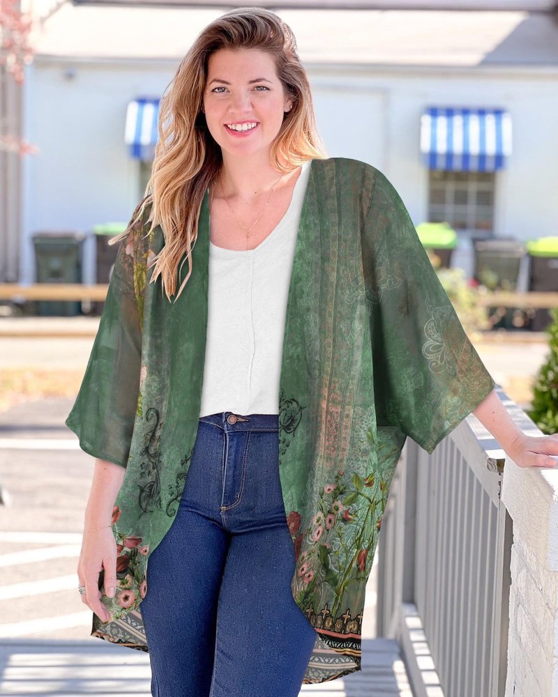 Women's Floral Print Puff Sleeve Kimono Cardigan Loose Cover Up Casual Blouse Tops(Army Green Floral,S)
