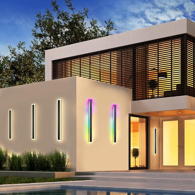 Outdoor RGB Long Wall Lights, 23.6inch 2 Pack RGB/Warm/White Dimmable Modern Led Wall Lighting, Ip65 Waterproof Long Wall Sconce with Remote and APP Control for Outdoor/Indoor