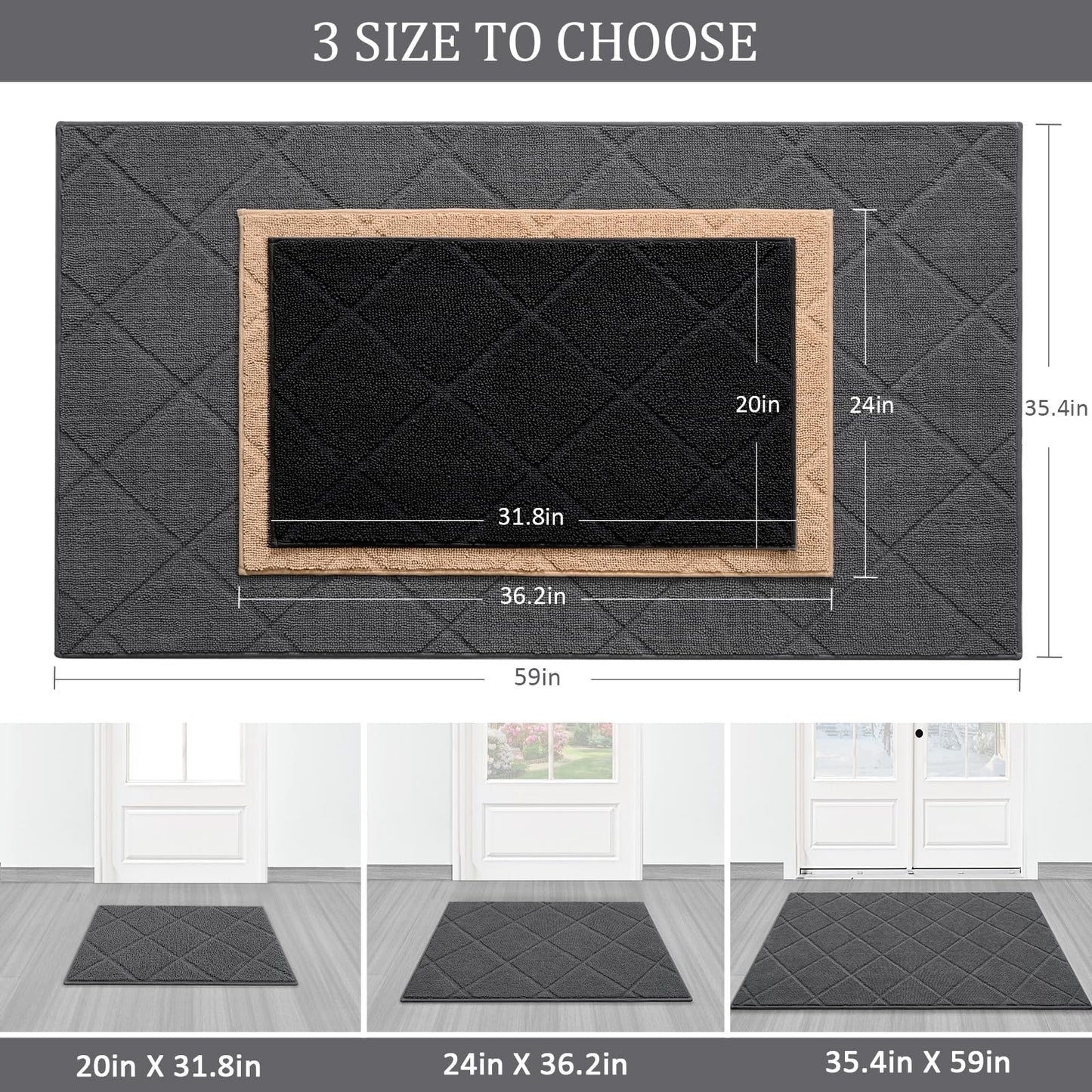 LOCHAS Grey Indoor Door Mat 20x32 Inch, Rubber Backing, Washable Absorbent Chenille Doormat, Low-Profile, Non Slip Microfiber Entrance Mat, Quick Dry Resist Dirt Front Welcome Mats for Entryway Home