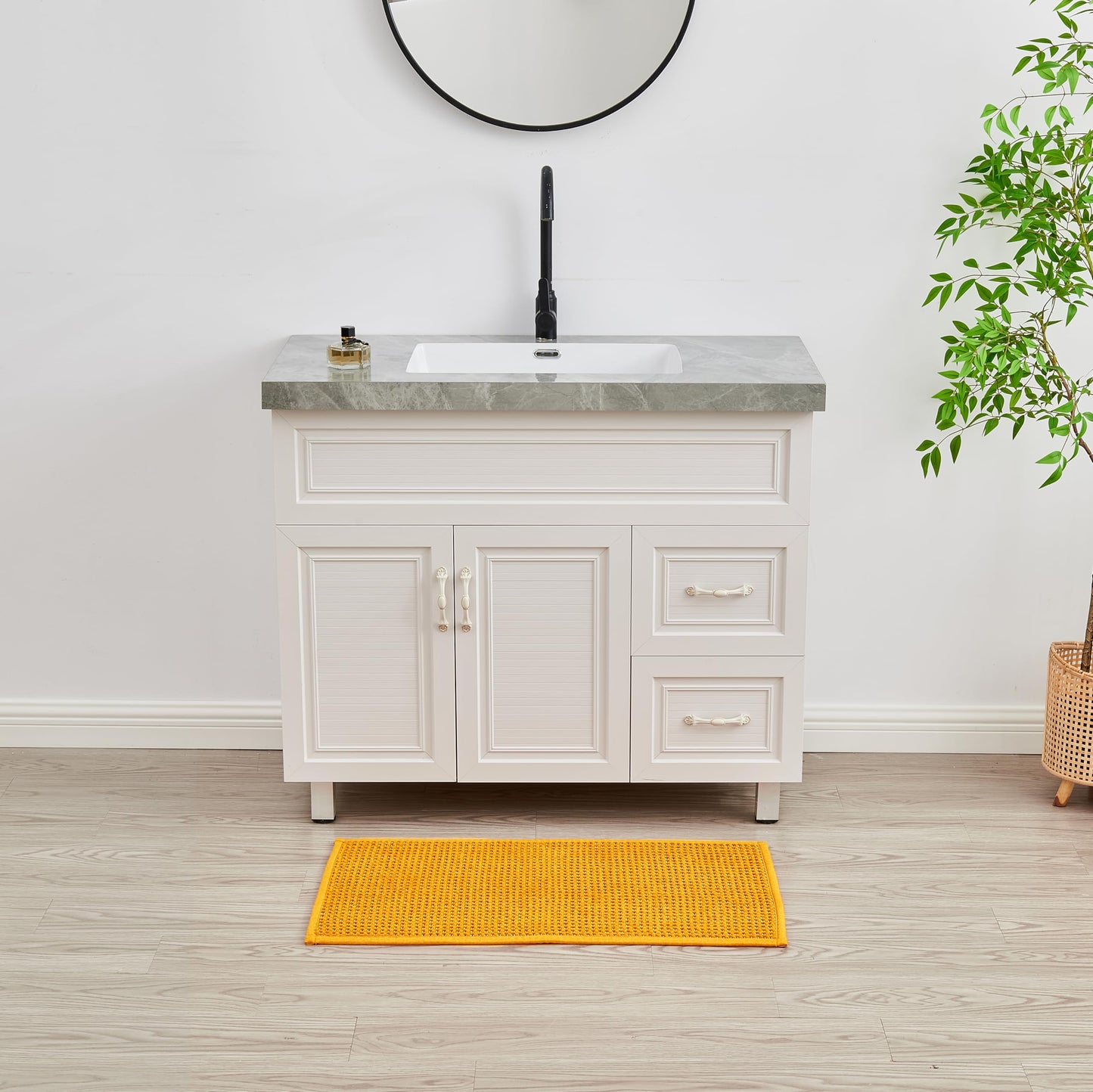 Douceur Chenille Waffle mat with Patented noslip Backing, Acrylic Blend Chenille Absorbent Bathroom Rugs, Cushioned mesh Backed Bath Rug Machine Washable, 18" x 32", Mustard Yellow