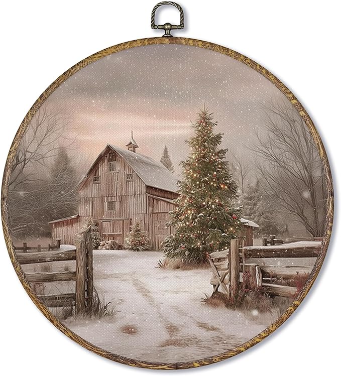 Fewgb Winter Farmhouse Christmas Tree Round Wall Art Decor Framed, Vintage Country Canvas Wall Art Prints Picture, Snowy Farm Landscape Hanging Room Decor Artwork for Gallery Bedroom Kitchen 10x10
