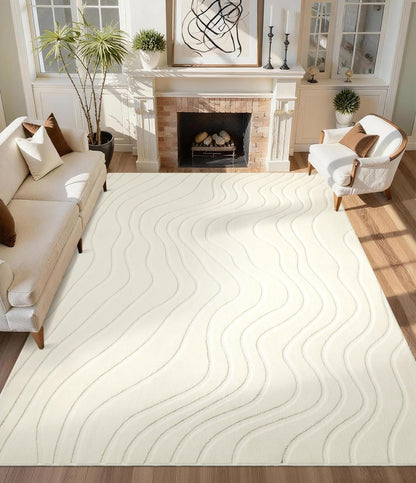 YIHOUSE 5x7 Abstract Wave Striped Area Rug, Modern Washable High-Low Pile Rug, Soft Textured Carpet for Living Room, Bedroom,Dining Room, Beige Ivory White