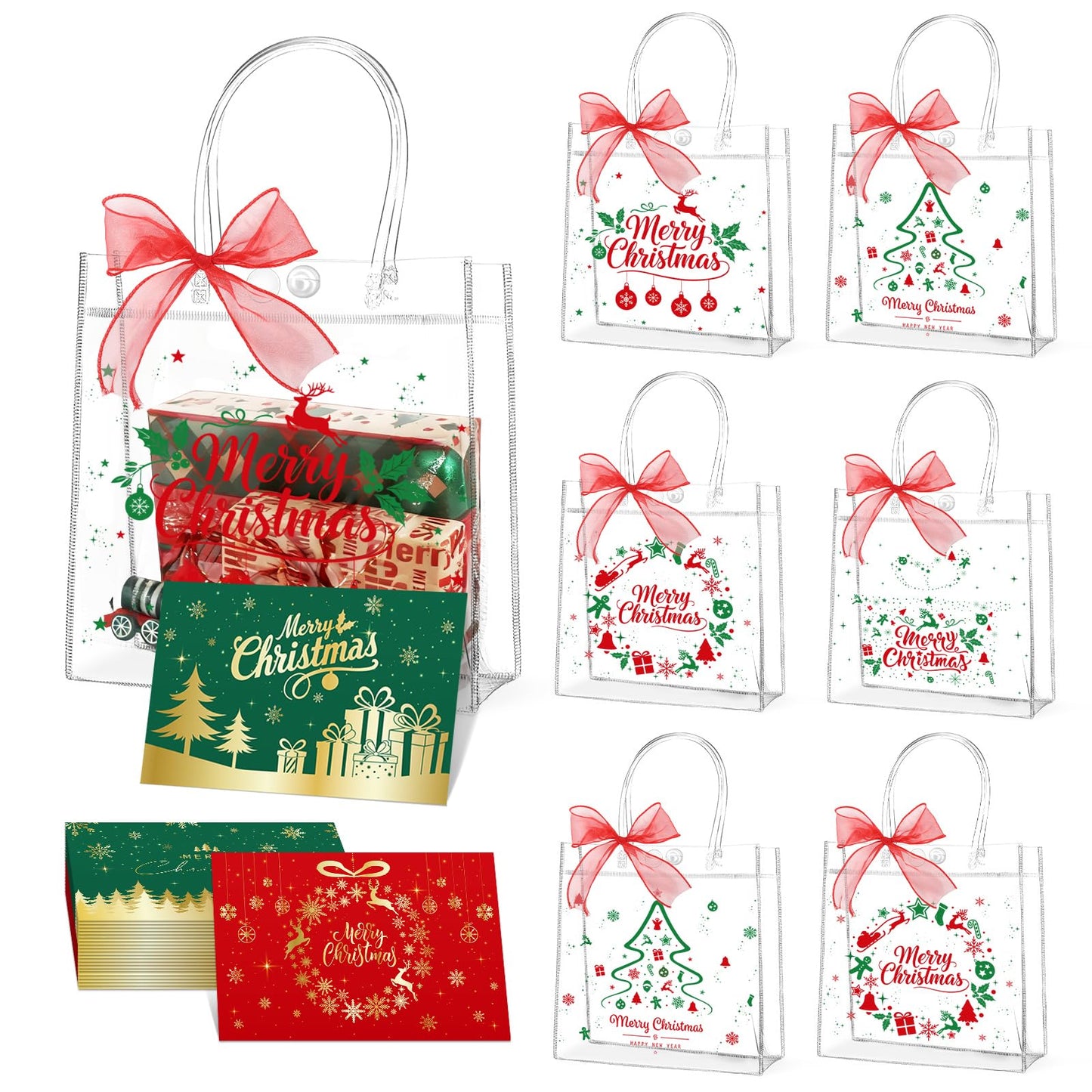 24pcs Christmas Clear Gift Bags with Handles And Ribbon Merry Christmas Greeting Card Set Xmas Transparent Reusable Gift Wrap Bags PVC Candy Goodie Treat Totes for Xmas Winter Holiday Party Favors
