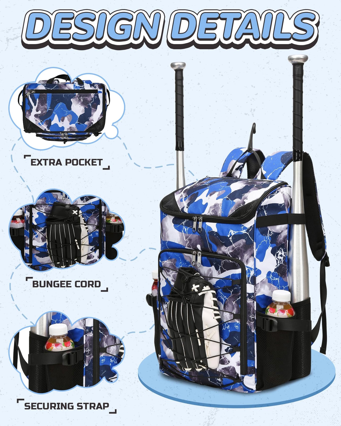 FOKDUVB Baseball Softball Gear Bag Backpack for Boys Girls Ages 8-12 12-14 Large Kids Youth Bat Bag with Ventilated Shoe Compartment Baseball Softball Players Stuff Supplies (Blue, Camouflage)