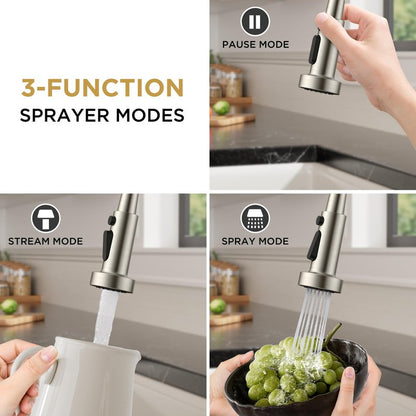 FORIOUS Kitchen Faucets with Sprayer, Brushed Nickel Stainless Steel Sink Faucet Single Handle with Deck Plate, Commercial Classic Spring Faucet for Kitchen Sink, Bar & Prep Sinks, Laundry RV Camper