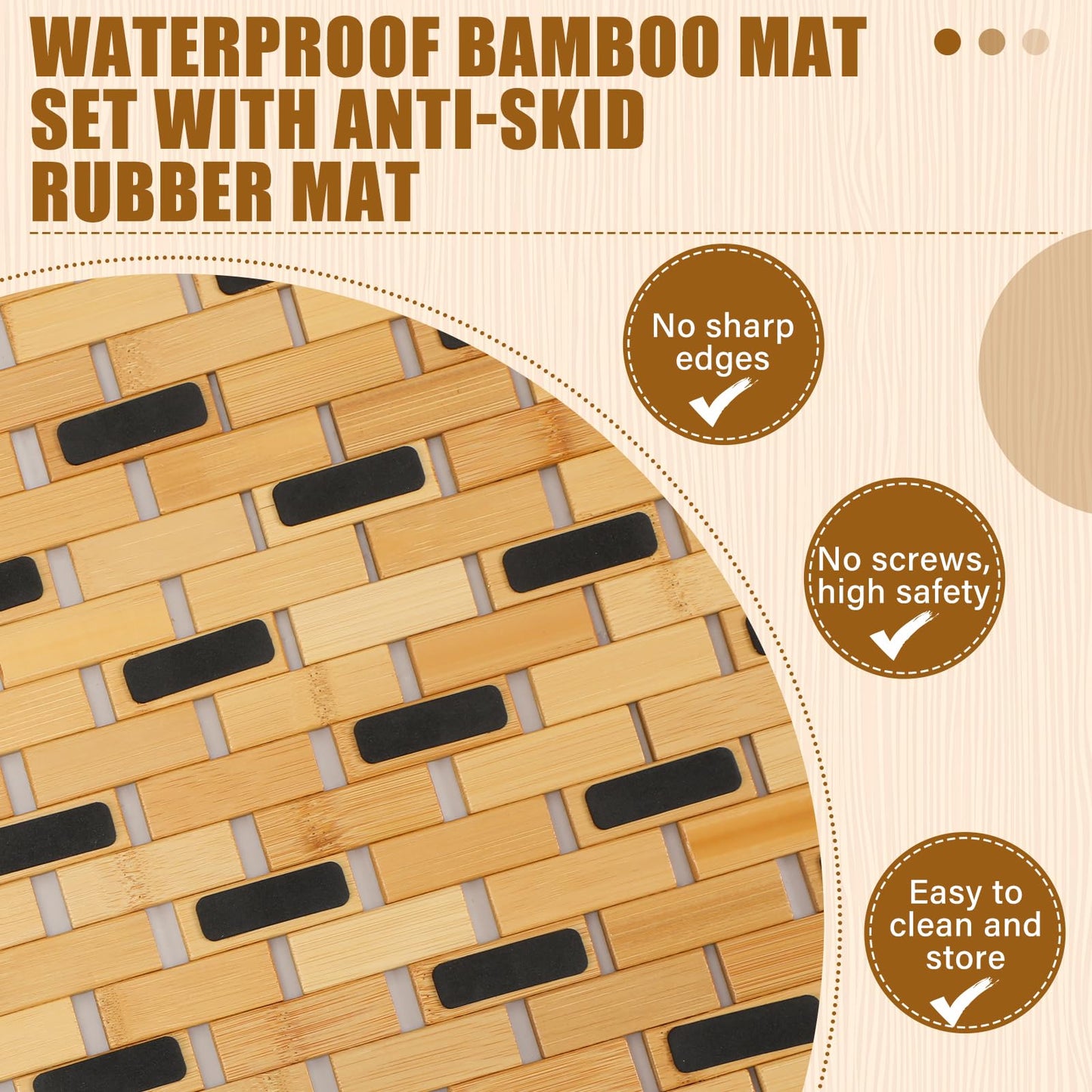 Barydat 2 Pcs Bathroom Bamboo Bath Mat Set Long Large Bathtub Non Slip Bamboo Shower Mat Floor Wooden Rug Waterproof Bathmat for Bathroom Accessory Spa Kitchen Outdoor, 16 x 48 Inch and 16 x 24 Inch