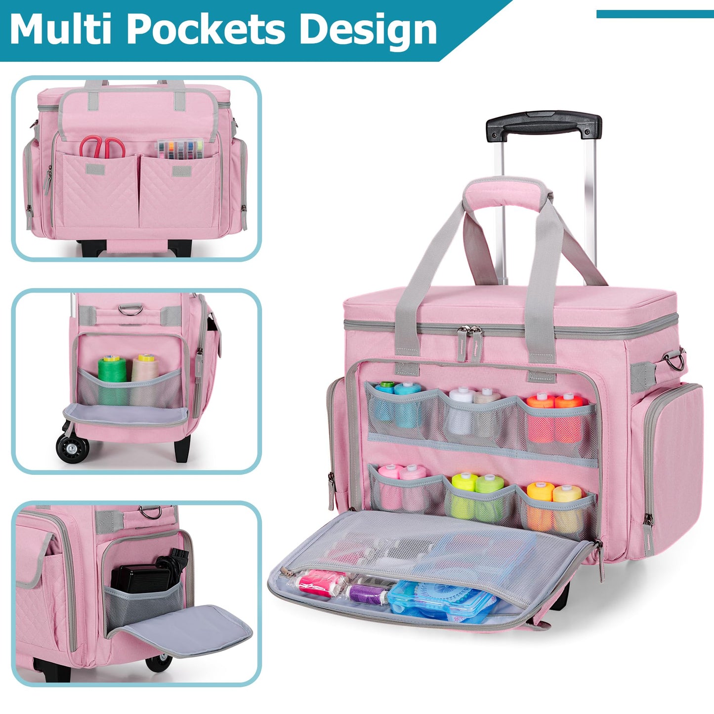 LUXJA Rolling Sewing Machine Case with Multiple Pockets, Sewing Machine Bag with Wheels and Detachable Shoulder Strap (Compatible with Most Standard Sewing Machines), Pink
