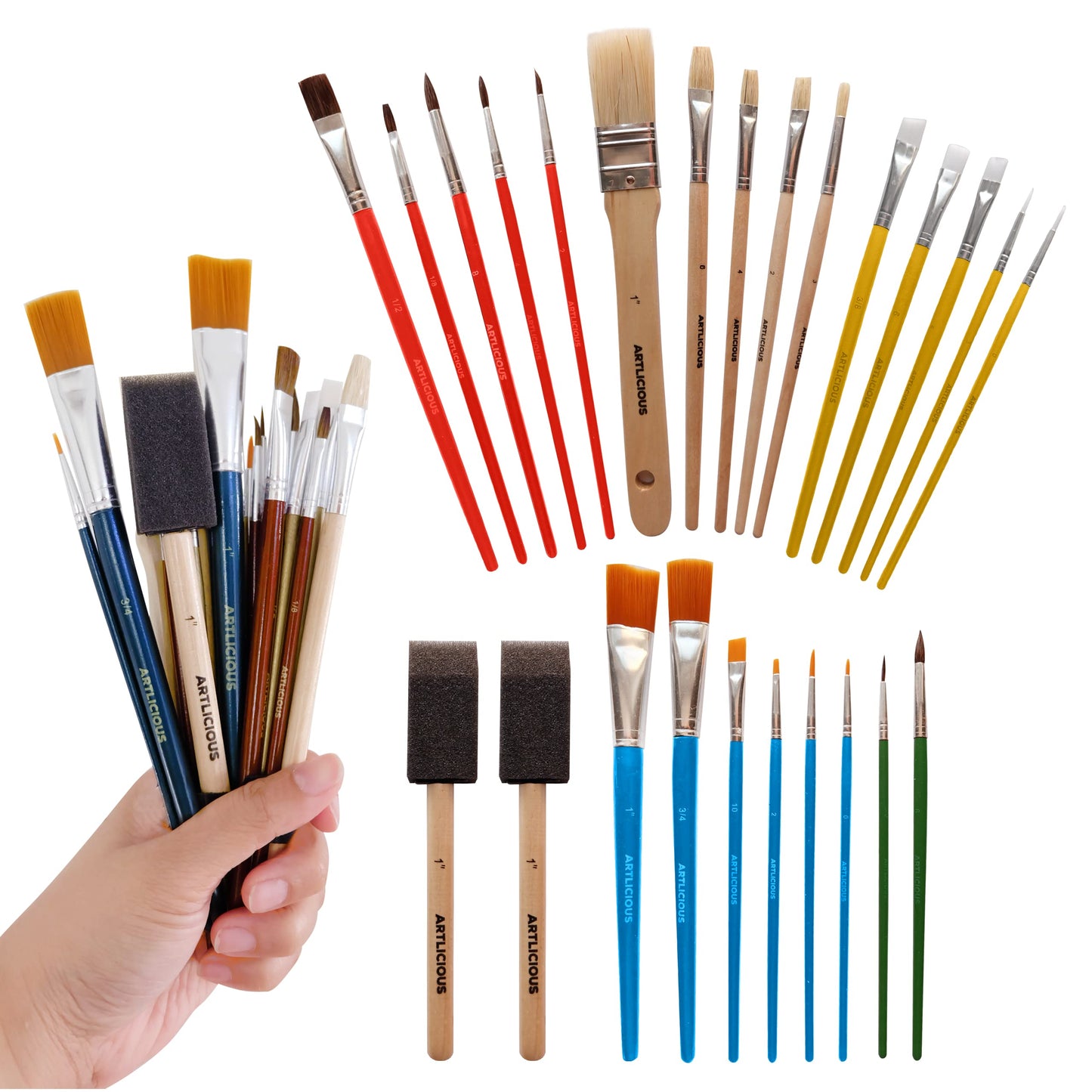 Artlicious Foam Brushes Wood Handle Paint Brush Set - Use with Craft, Watercolor, Oil, Gouache Paints, Face Art, Washable Paints, Miniature Detailing and Rock Painting