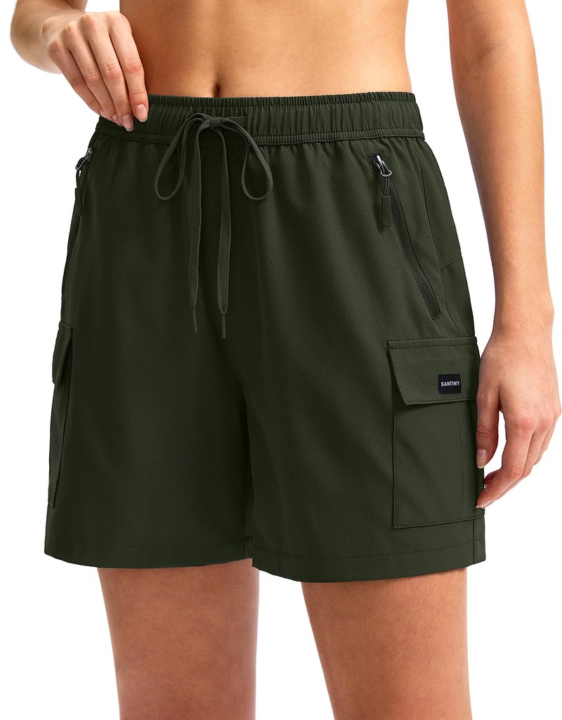 SANTINY Women's 5''/ 7''/9'' Hiking Cargo Shorts Quick Dry Lightweight Summer Shorts for Women Athletic Golf Zipper Pockets(Army Green_XXL)