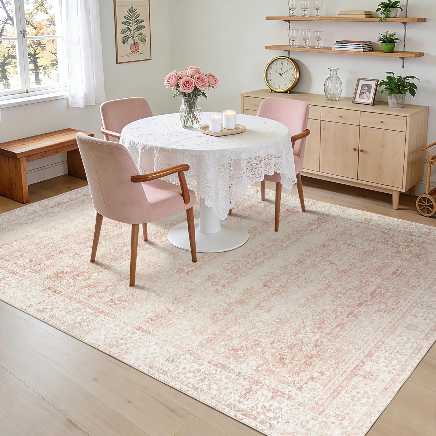 BILEEHOME Light Pink Nursery Rug for Baby Girl Neutral Blush Pink Boho Floral Pattern Carpet 5 x 8 Washable Non Slip Low Pile Soft Surface Area Rugs for Living Room Bedroom Playroom,5x8