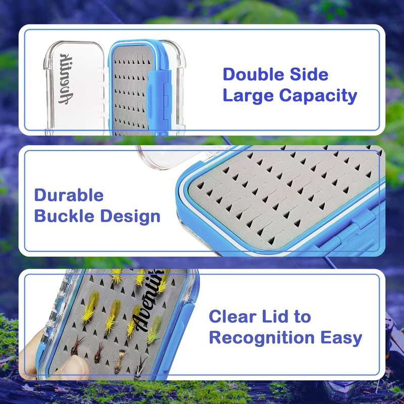 Aventik Waterproof Clear Fly Box Double Sides Floating Lightweight Fly Fishing Case Large Capacity Grip Foam Nymph Wet Dry Flies Lure Box(H18 Blue, SIZE A:4.24X3.04X1.36inch)