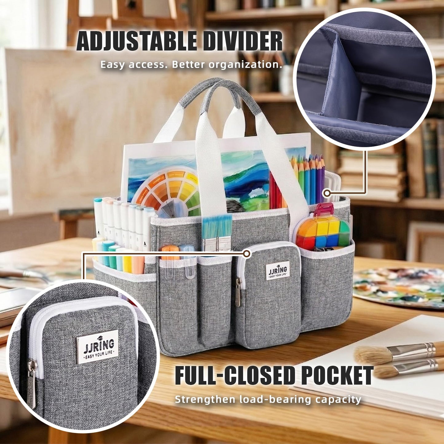 JJRING Craft Organizer Tote Bag, Portable Art Caddy with Adjustable Divider&Secure Zipper Pocket, Large Foldable Storage Tote for Scrapbooking, Sewing, Artist and Home(Grey)