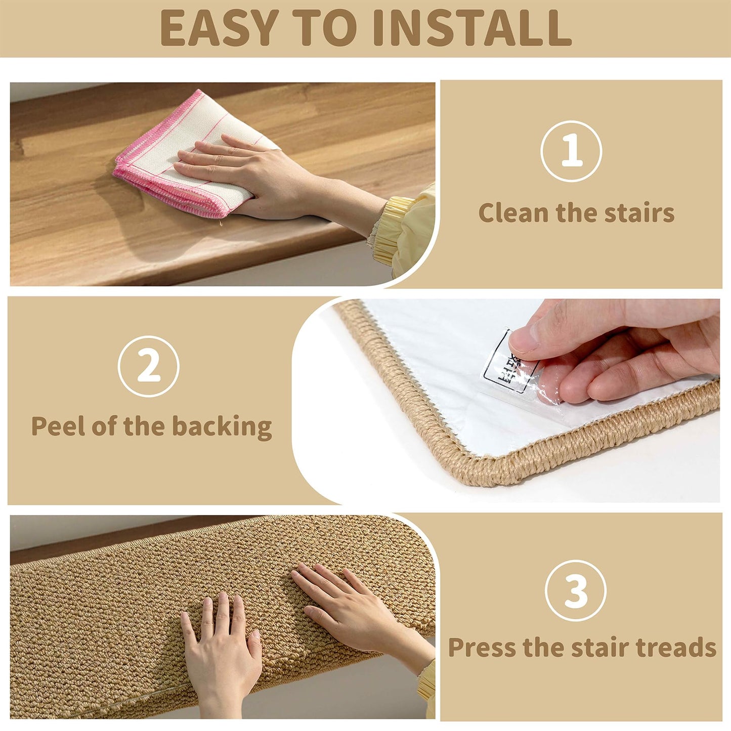 Brakki Bullnose Carpet Stair Treads, Non Slip Stair Treads for Wooden Steps Indoor, Stair Runner, Soft Stair Rugs, Edging Stair Protectors, Washable, 29.5"x9.5"x1.5" 14pcs, Beige