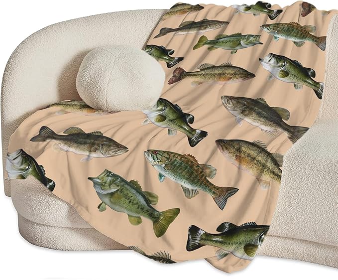 Fish Bass Blanket Decor Gifts for Fishing Lovers Flannel Fleece Fuzzy Throw Blanket Soft Warm Cozy Plush Ocean Animal Blanket for Bed Couch Living Room Stuffed Decoration for Kids Adult Man 80"x60"