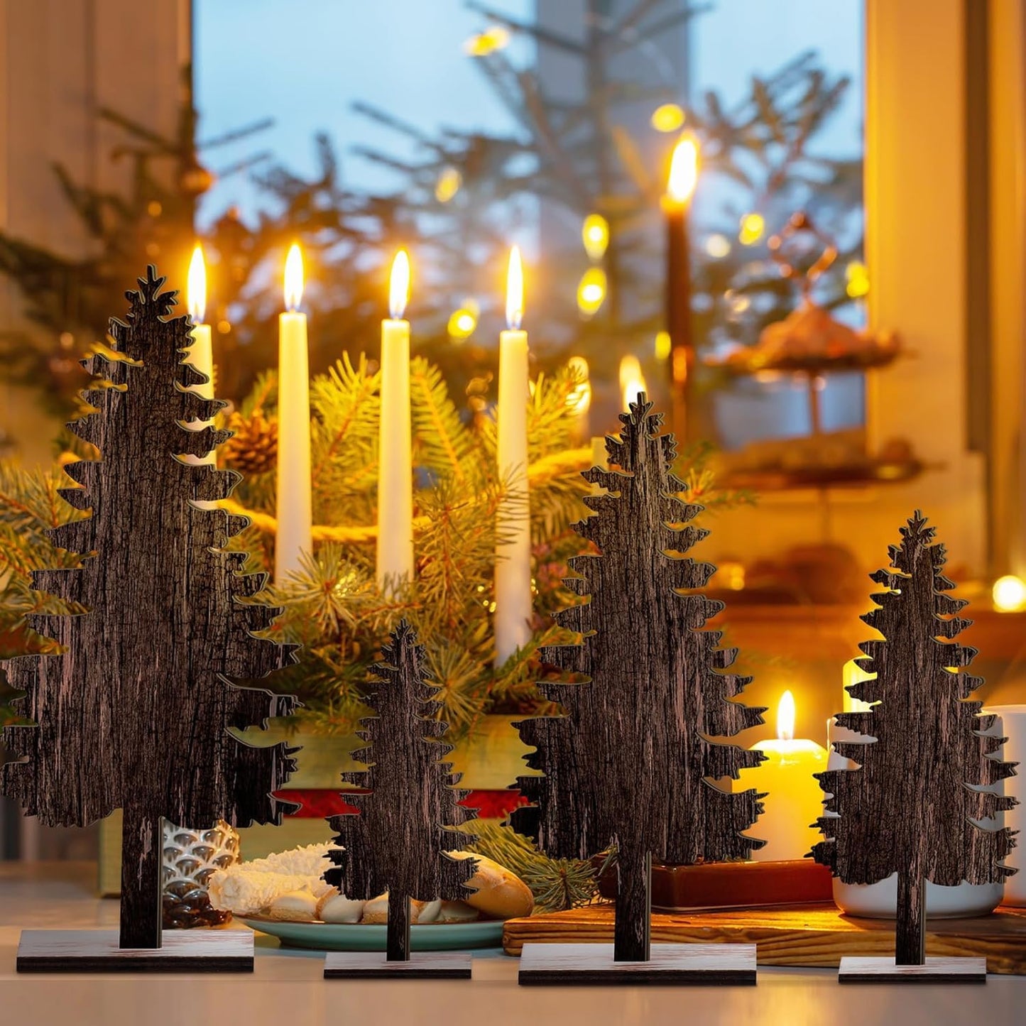 Barydat 4 Pcs Summer Christmas Table Decorations Wooden Christmas in July Pine Tree Reindeer Table Centerpiece Xmas Tabletop Sign Rustic Farmhouse Decor for Home Office Party Supplies Gifts(Pine Tree)