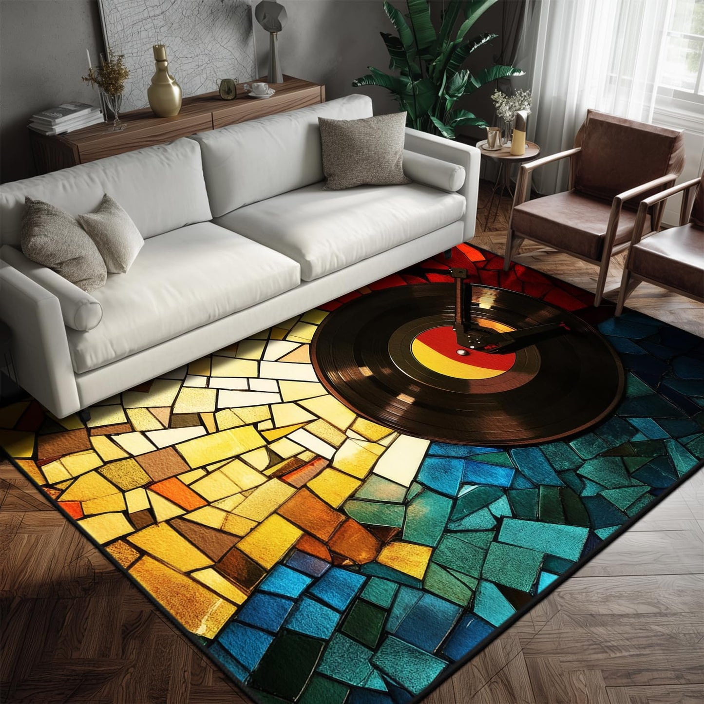 keepcute Retro Vinyl Area Rug 5x7 ft Non-Slip Carpets Record Player Carpet Decor for Living Room Bedroom Living Room Study Carpet