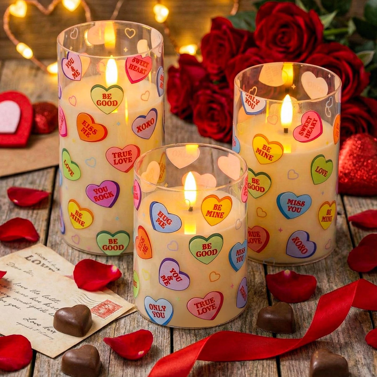 Blosssound 3 Pack Valentine's Day Flameless Candles Battery Operated Conversation Hearts Flameless Flickering Candles LED for Home Romantic Valentine's Collection Gifts Holiday Table Decorations