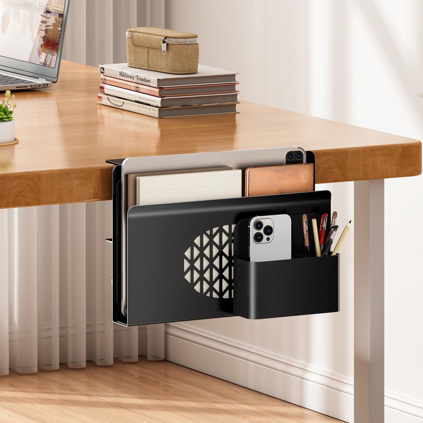 Josmimic Desk Side Storage, Metal Laptop Holder with Magnetic Pen Box, Clamp-On Under Desk Organizer with Cooling Holes & Anti-Scratch Pads for Office and Home (Black)