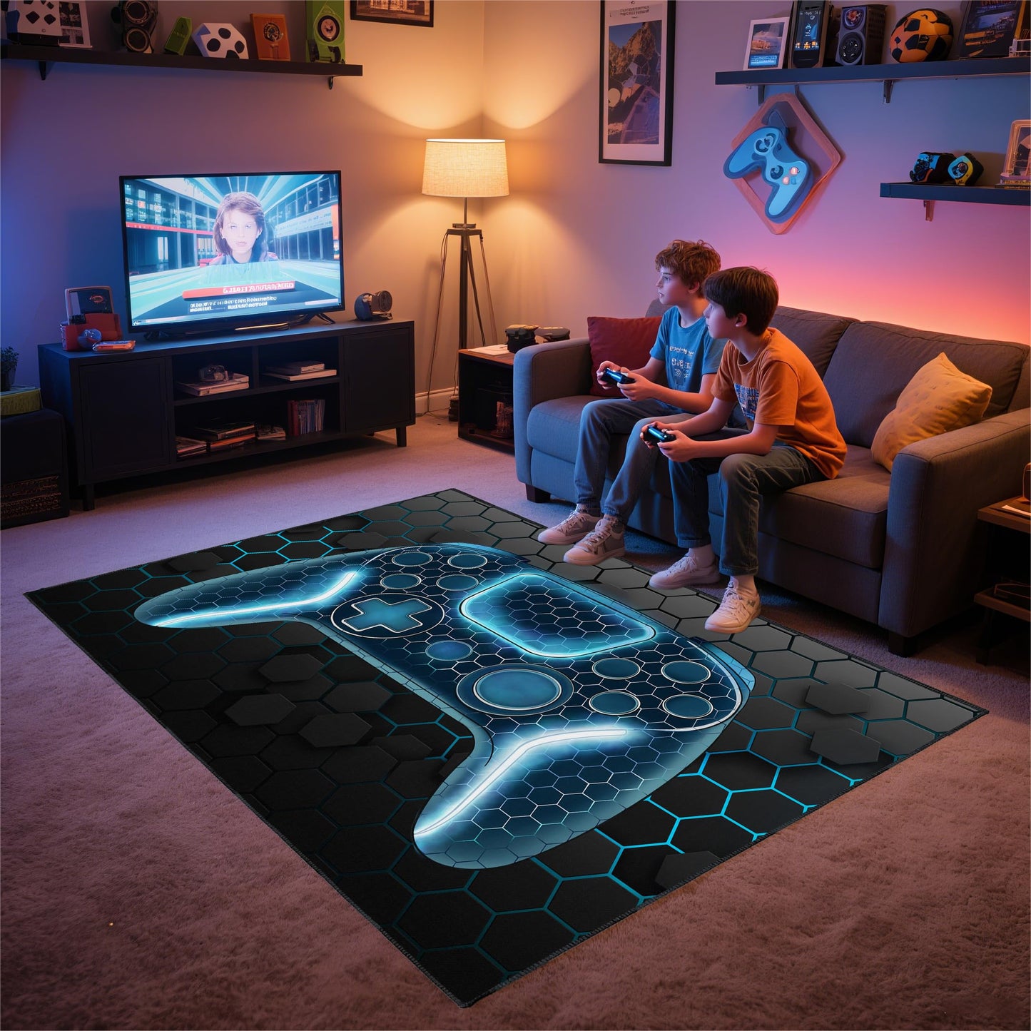 Vesocro Gamer Rug for Room,3x5 ft Non-Slip Blue Gaming Rugs for Bedroom Living Room and Game Space Decor