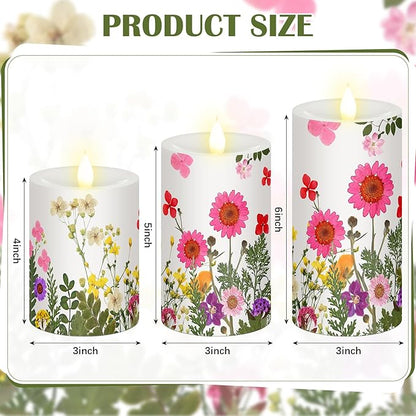 Baquler 3 Pcs Floral Wildflower Pillar Candles Flameless LED Candle Battery Operated Pressed Flower Flickering Candlestick for Wedding Summer Home Table Centerpiece Nature Inspired Party Decoration