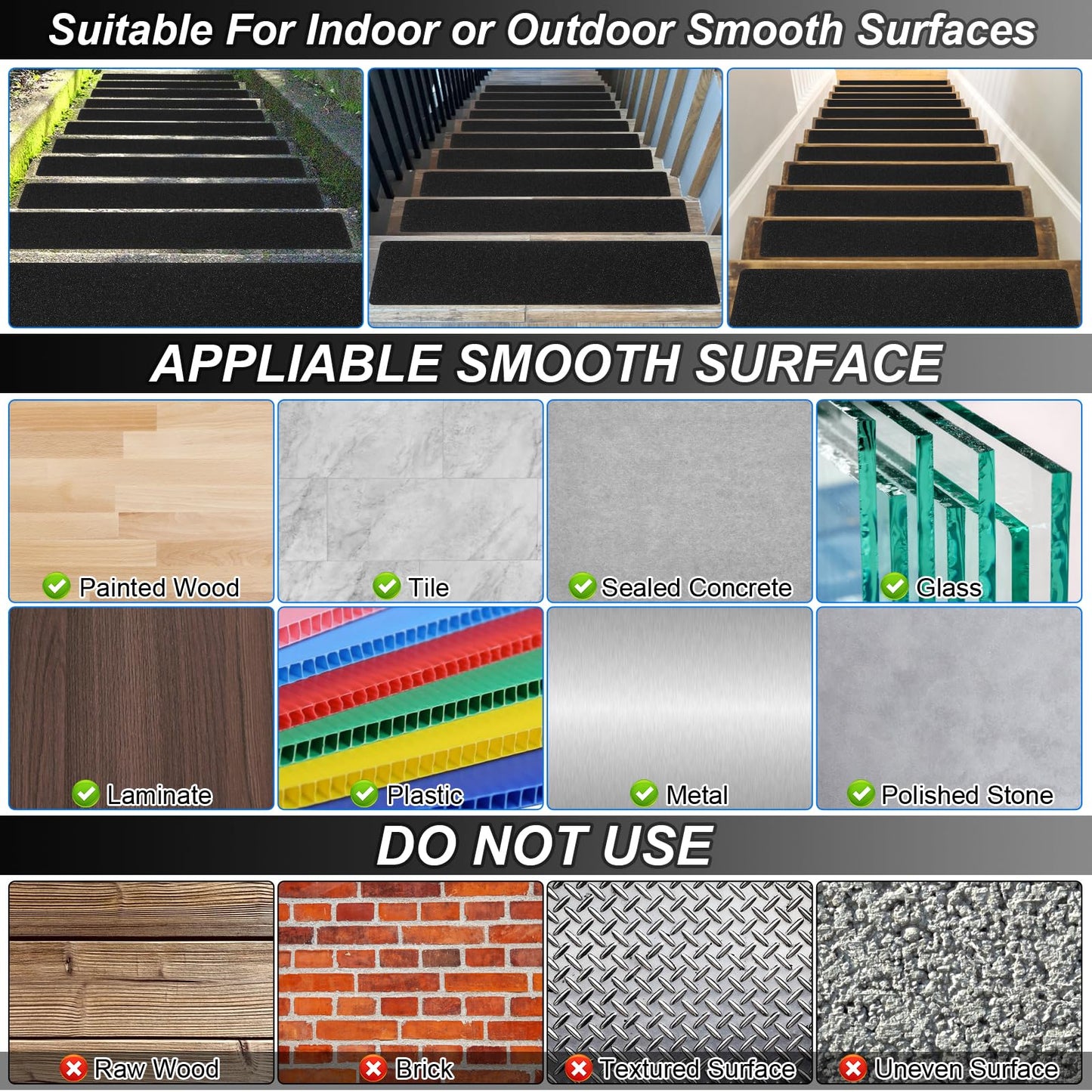 SMILOOL Outdoor Stair Treads Non-Slip Step Strips for Wooden Steps 5 Pack 6” x 24” Anti Slip Grip Tape Precut for Outside Stairs, Non Skid Stair Tread Mats Weather Resistant for Outdoors, Black