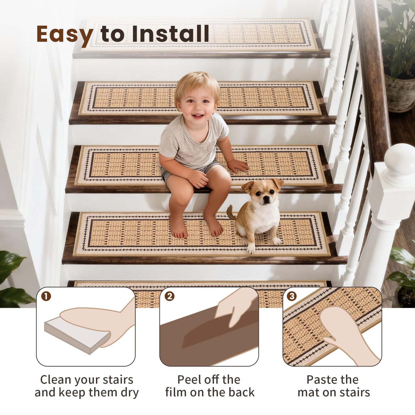 Mollydot Stair Treads Non Slip 15PCS - 8"x30" Indoor Stair Runners for Wooden Steps, Soft Carpet Stair Treads, Edging Stair Rugs, Peel and Stick Stair Treads Washable Reusable Self-Adhesive (Beige)